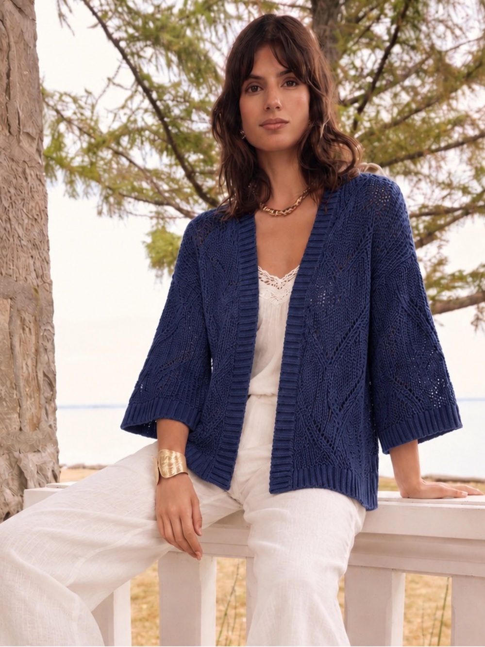 Sundance Navy Linen Blend Open Knit Cardigan Wide Sleeve Sweater S